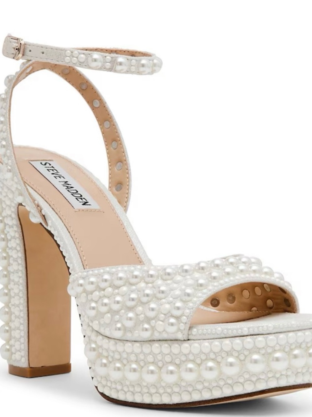Steve Madden Assured Pearl Embellished Ankle Strap Block Heel Platform Sandals
